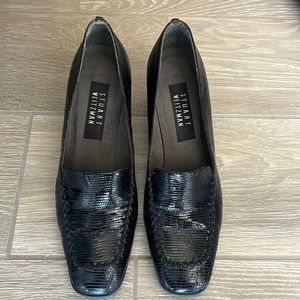 Stuart Weitzman Black Crystal Embossed Crocodile Heels. Sz 7.5, 2” heel